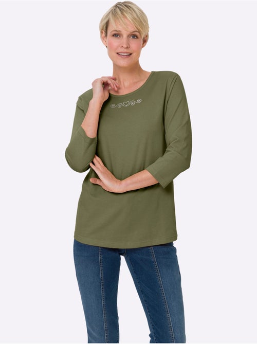 T-shirt à Manches 3/4 Petites Pierres Fantaisie Sur L'encolure - Taille Standard - Moda Vilona - Kiabi