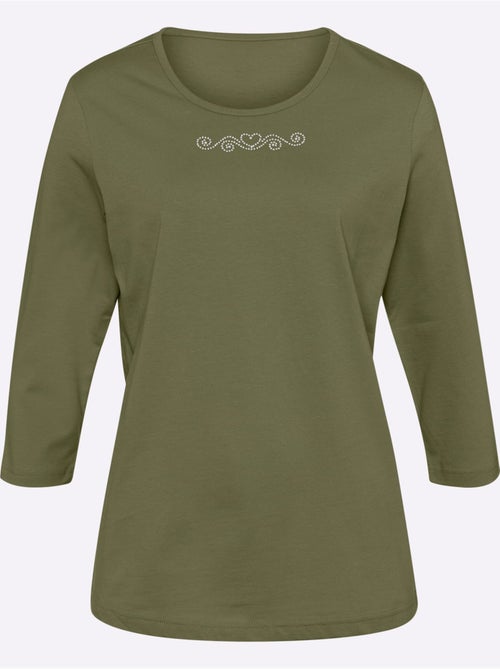 T-shirt à Manches 3/4 Petites Pierres Fantaisie Sur L'encolure - Taille Standard - Moda Vilona - Kiabi