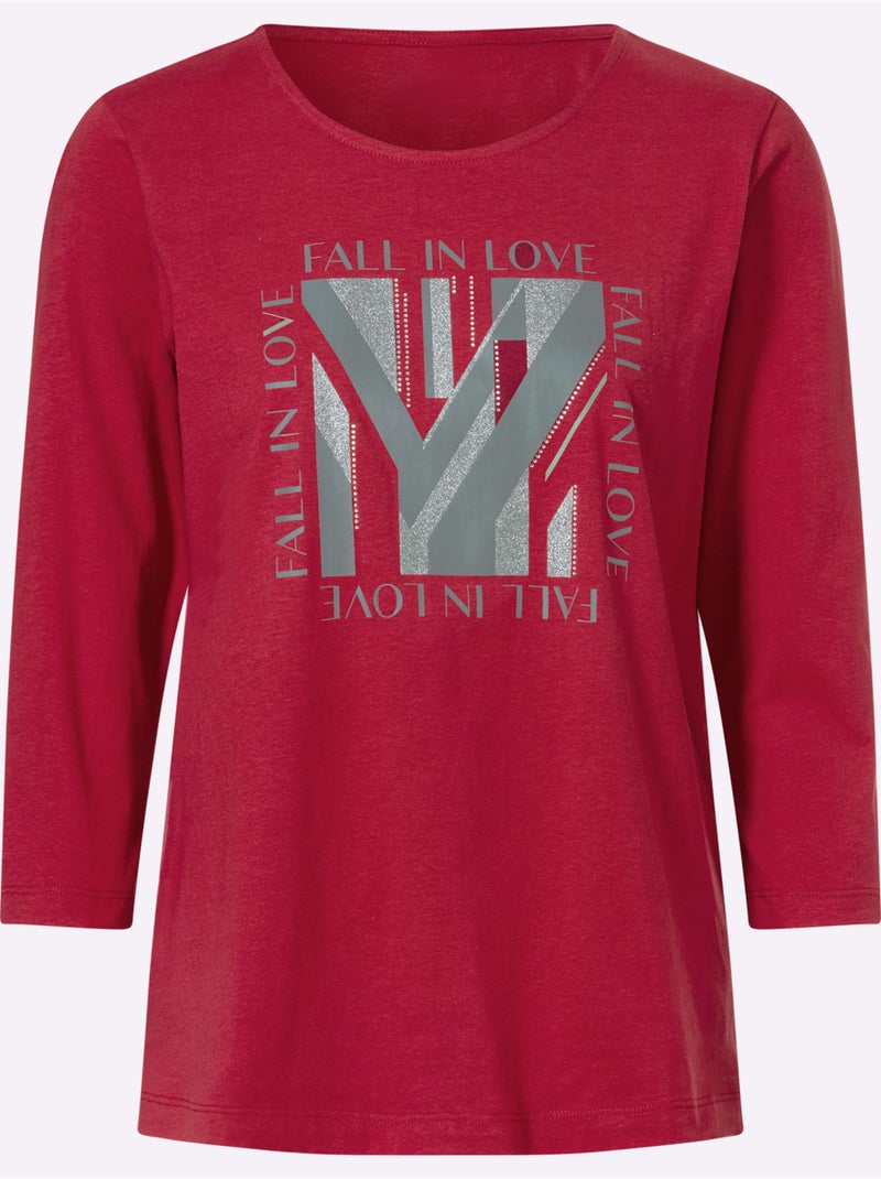 T-shirt à manches 3/4 pierres ornementales brillantes - taille standard - moda vilona Gris Rouge - Kiabi