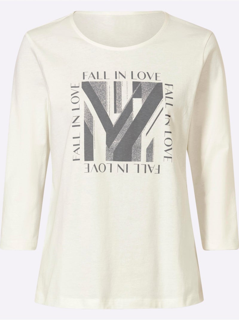 T-shirt à manches 3/4 pierres ornementales brillantes - taille standard - moda vilona Noir Ecru Gris - Kiabi
