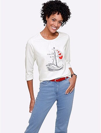 T-shirt à Manches 3/4 Plis Affinants à L'encolure - Taille Standard - Moda Vilona