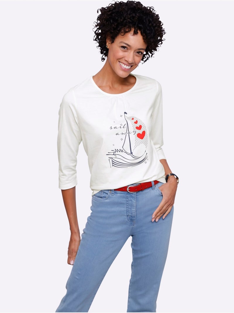 T-shirt à Manches 3/4 Plis Affinants à L'encolure - Taille Standard - Moda Vilona Bleu Ecru - Kiabi