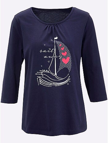 T-shirt à Manches 3/4 Plis Affinants à L'encolure - Taille Standard - Moda Vilona