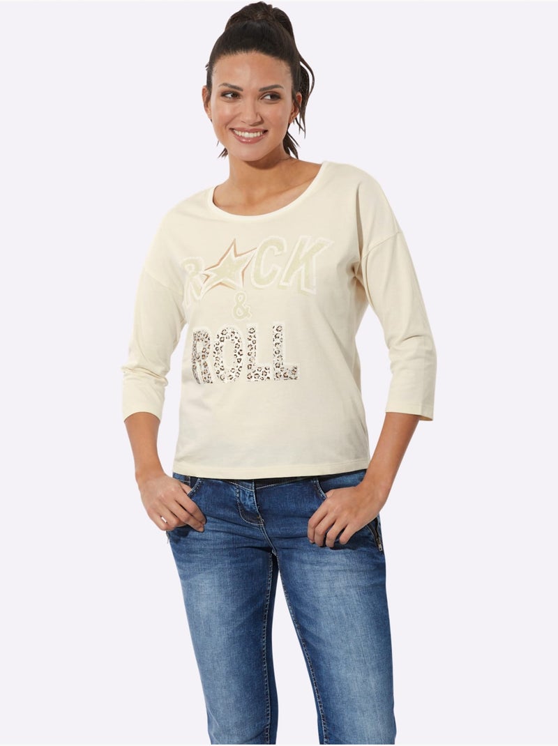 T-shirt à Manches 3/4 Pur Coton - Taille Standard - Moda Vilona Blanc Beige - Kiabi