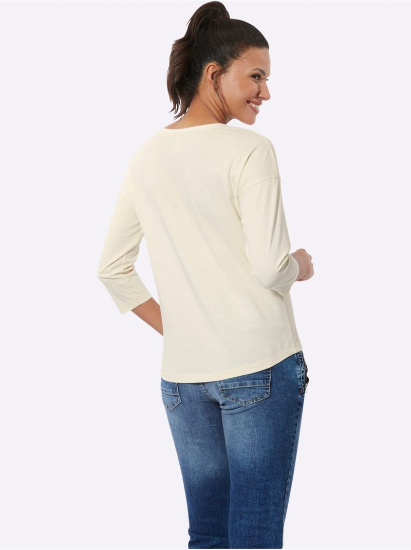 T-shirt à Manches 3/4 Pur Coton - Taille Standard - Moda Vilona Blanc Beige - Kiabi