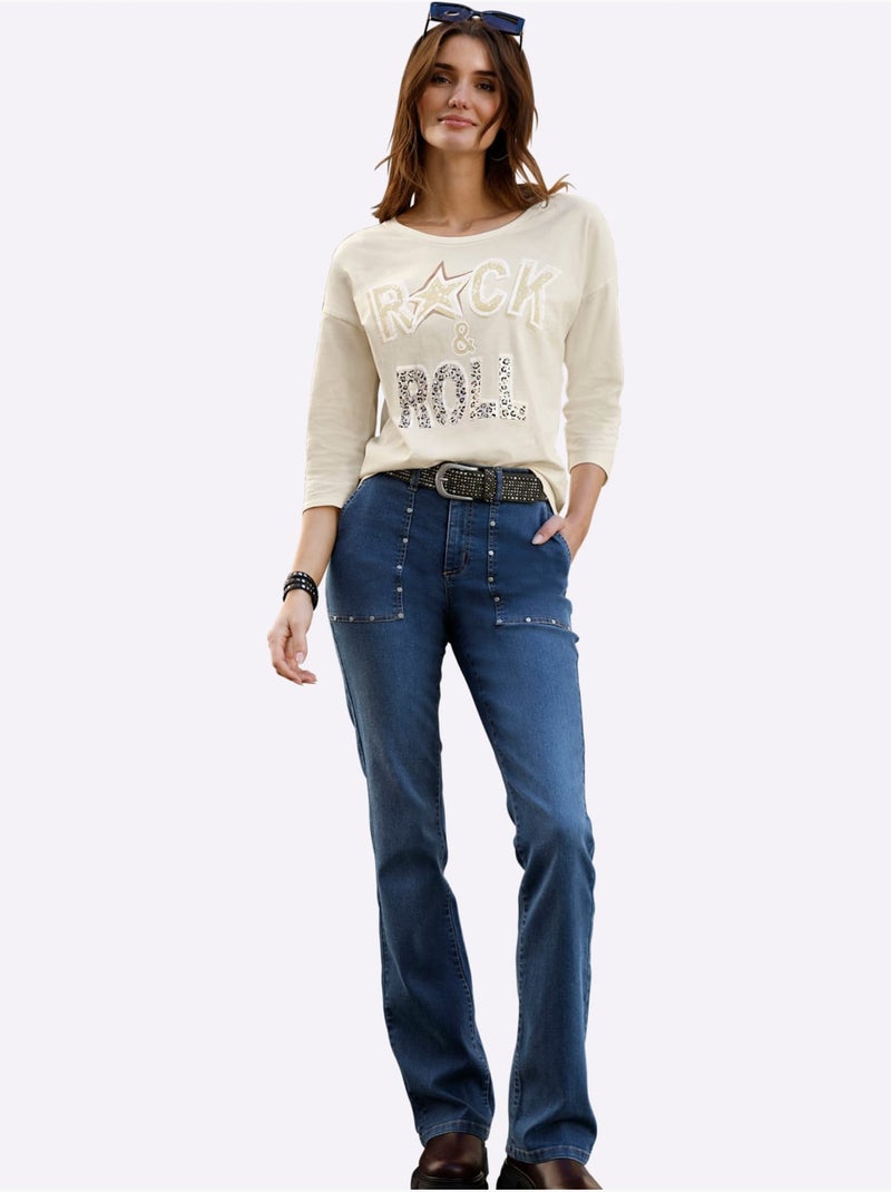 T-shirt à Manches 3/4 Pur Coton - Taille Standard - Moda Vilona Blanc Beige - Kiabi