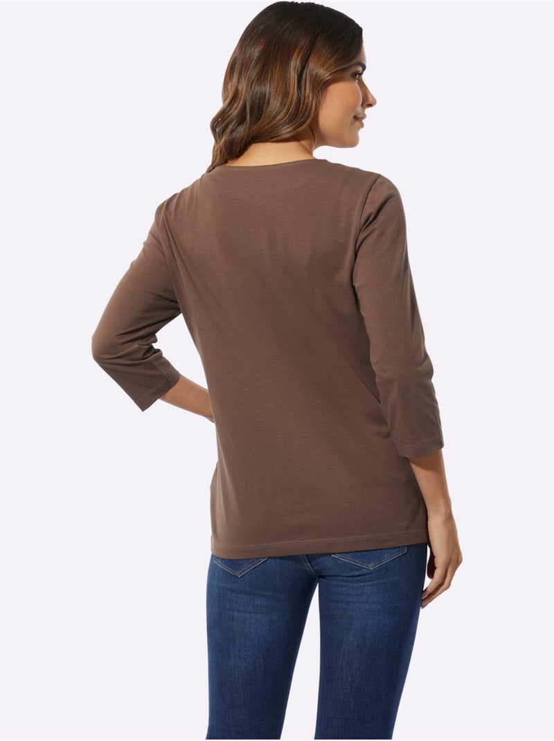 T-shirt à Manches 3/4 Pur Coton - Taille Standard - Moda Vilona Blanc Marron - Kiabi