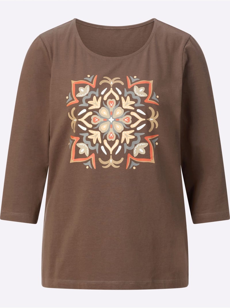 T-shirt à Manches 3/4 Pur Coton - Taille Standard - Moda Vilona Blanc Marron - Kiabi