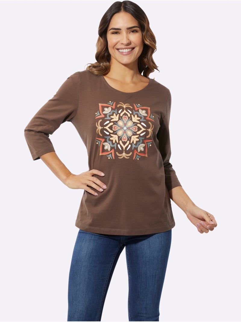 T-shirt à Manches 3/4 Pur Coton - Taille Standard - Moda Vilona Blanc Marron - Kiabi