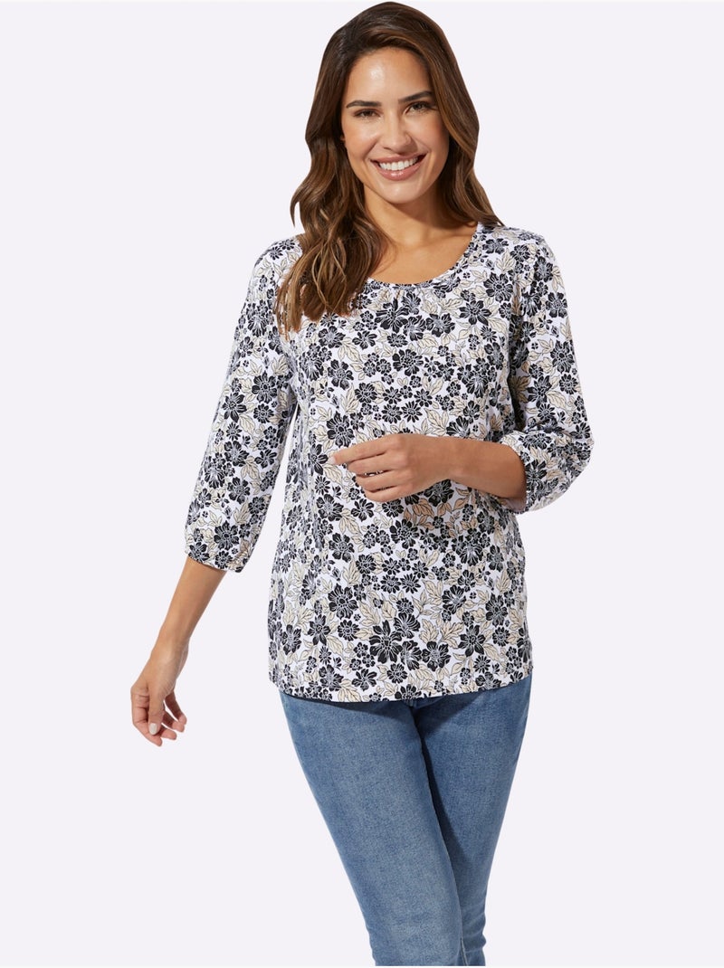 T-shirt à Manches 3/4 Pur Coton - Taille Standard - Moda Vilona Blanc Noir - Kiabi
