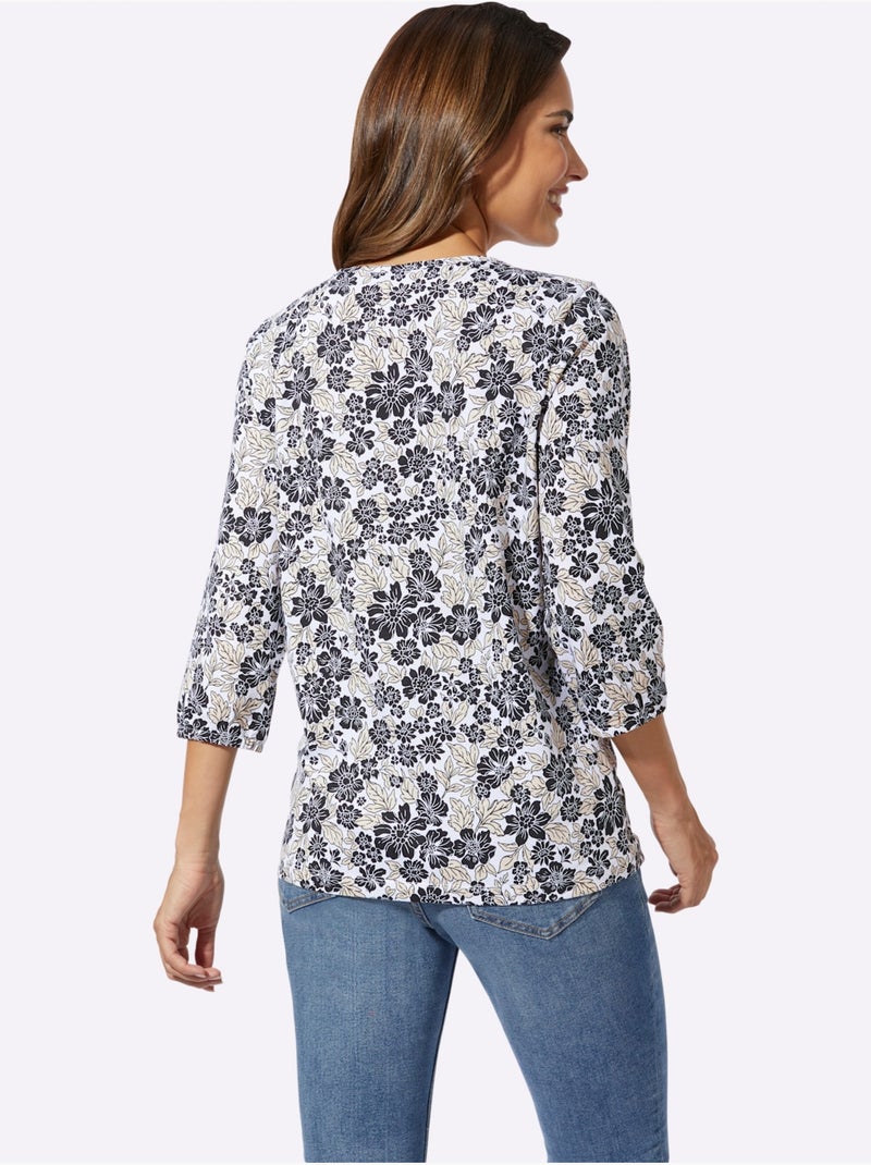 T-shirt à Manches 3/4 Pur Coton - Taille Standard - Moda Vilona Blanc Noir - Kiabi