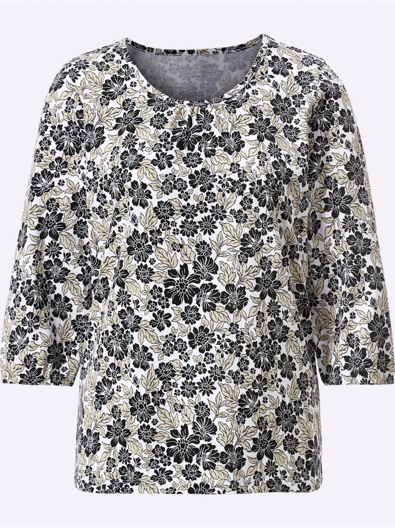 T-shirt à Manches 3/4 Pur Coton - Taille Standard - Moda Vilona Blanc Noir - Kiabi