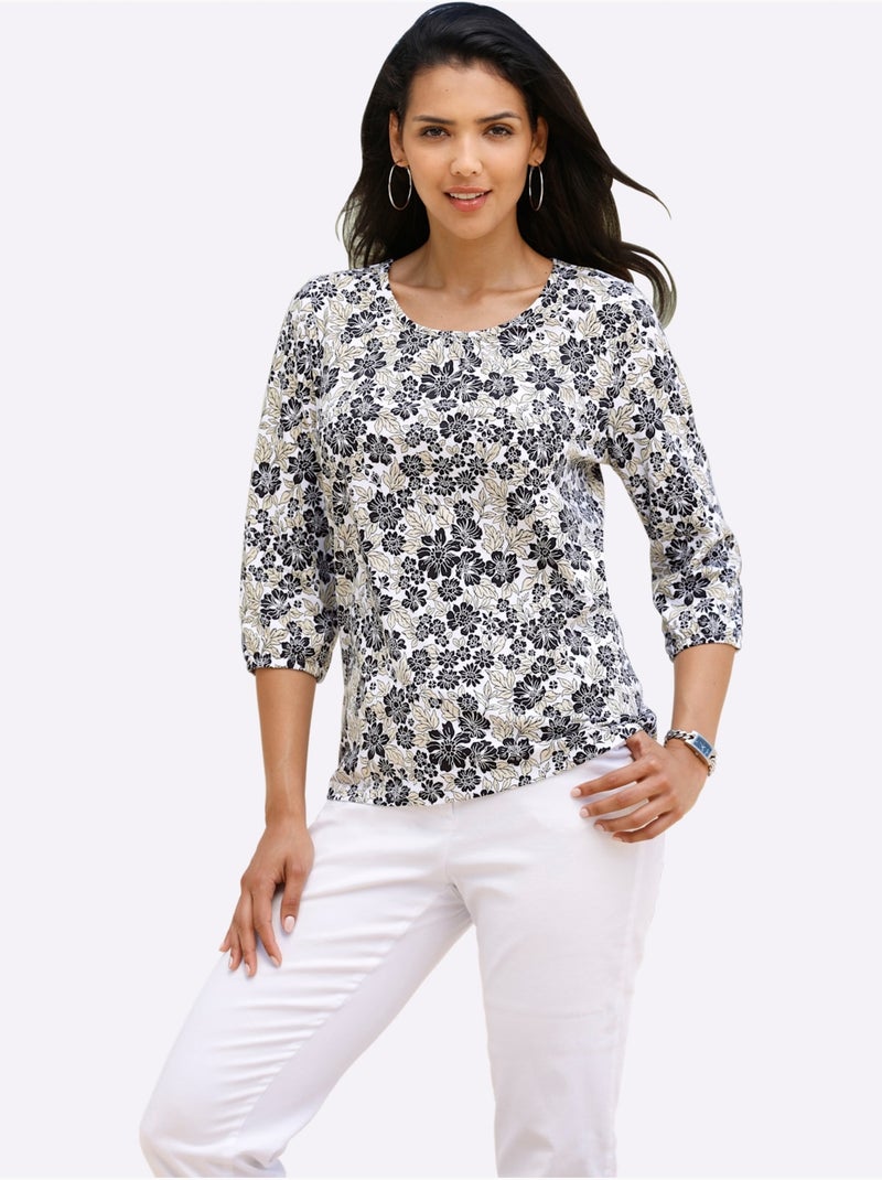 T-shirt à Manches 3/4 Pur Coton - Taille Standard - Moda Vilona Blanc Noir - Kiabi