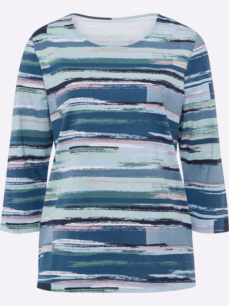 T-shirt à Manches 3/4 Pur Coton - Taille Standard - Moda Vilona Bleu jean - Kiabi