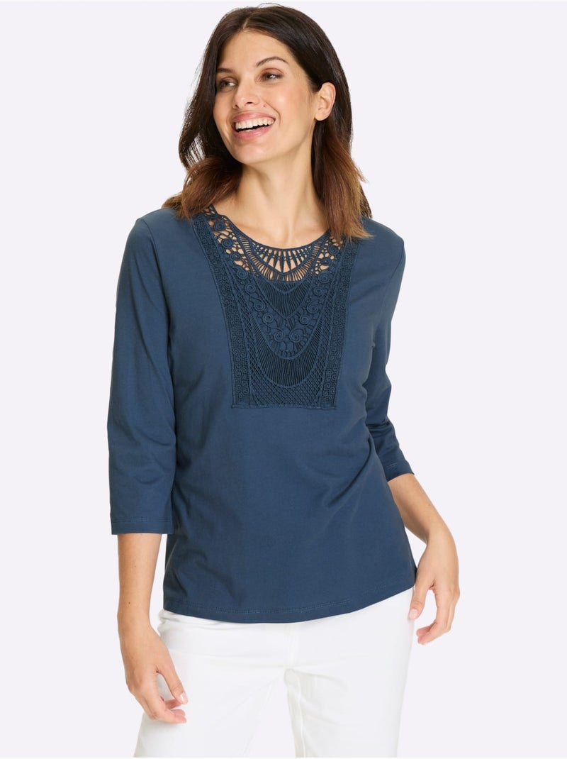 T-shirt à Manches 3/4 Pur Coton - Taille Standard - Moda Vilona Bleu - Kiabi