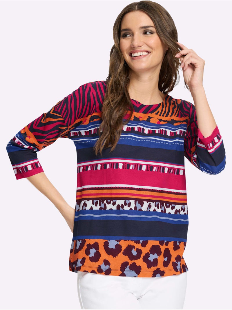T-shirt à Manches 3/4 Pur Coton - Taille Standard - Moda Vilona Bleu Orange - Kiabi