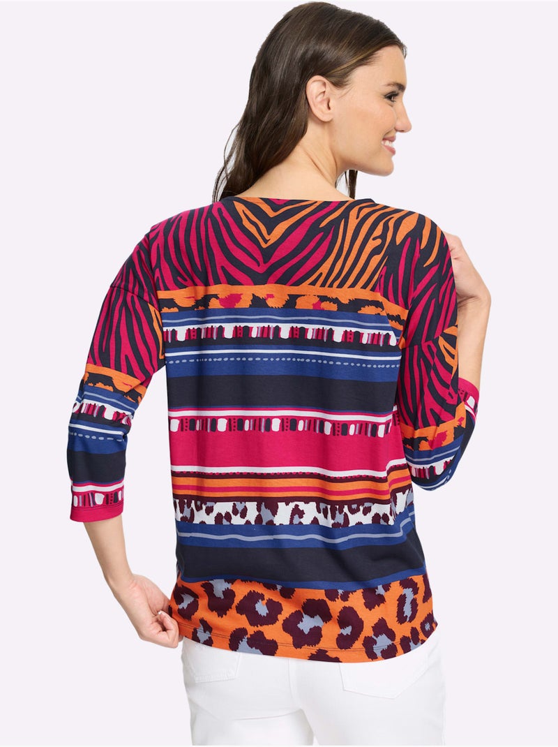 T-shirt à Manches 3/4 Pur Coton - Taille Standard - Moda Vilona Bleu Orange - Kiabi