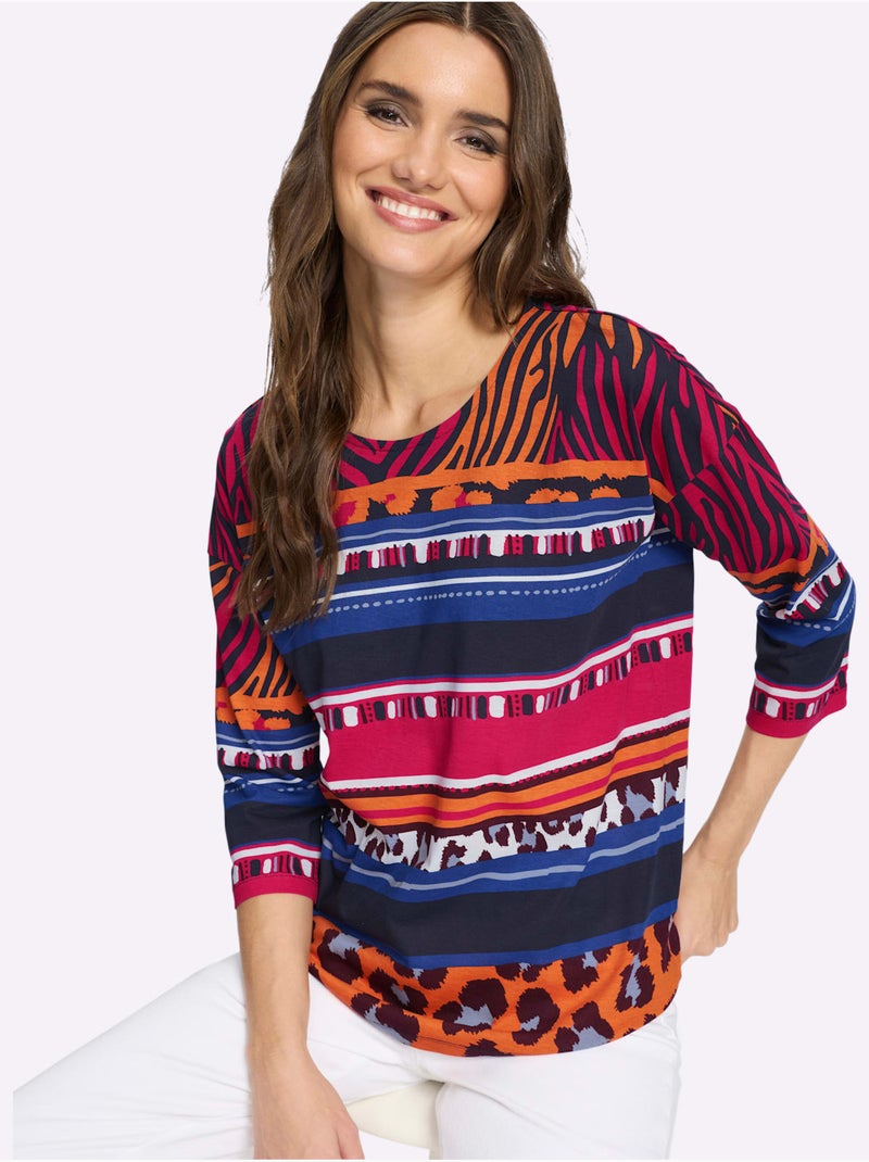 T-shirt à Manches 3/4 Pur Coton - Taille Standard - Moda Vilona Bleu Orange - Kiabi