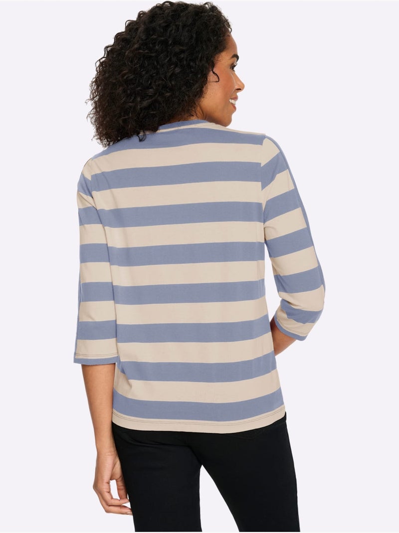 T-shirt à Manches 3/4 Pur Coton - Taille Standard - Moda Vilona Bleu - Kiabi
