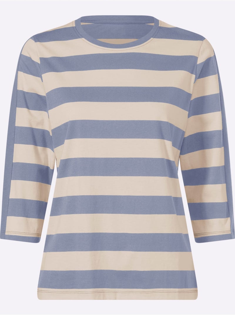 T-shirt à Manches 3/4 Pur Coton - Taille Standard - Moda Vilona Bleu - Kiabi