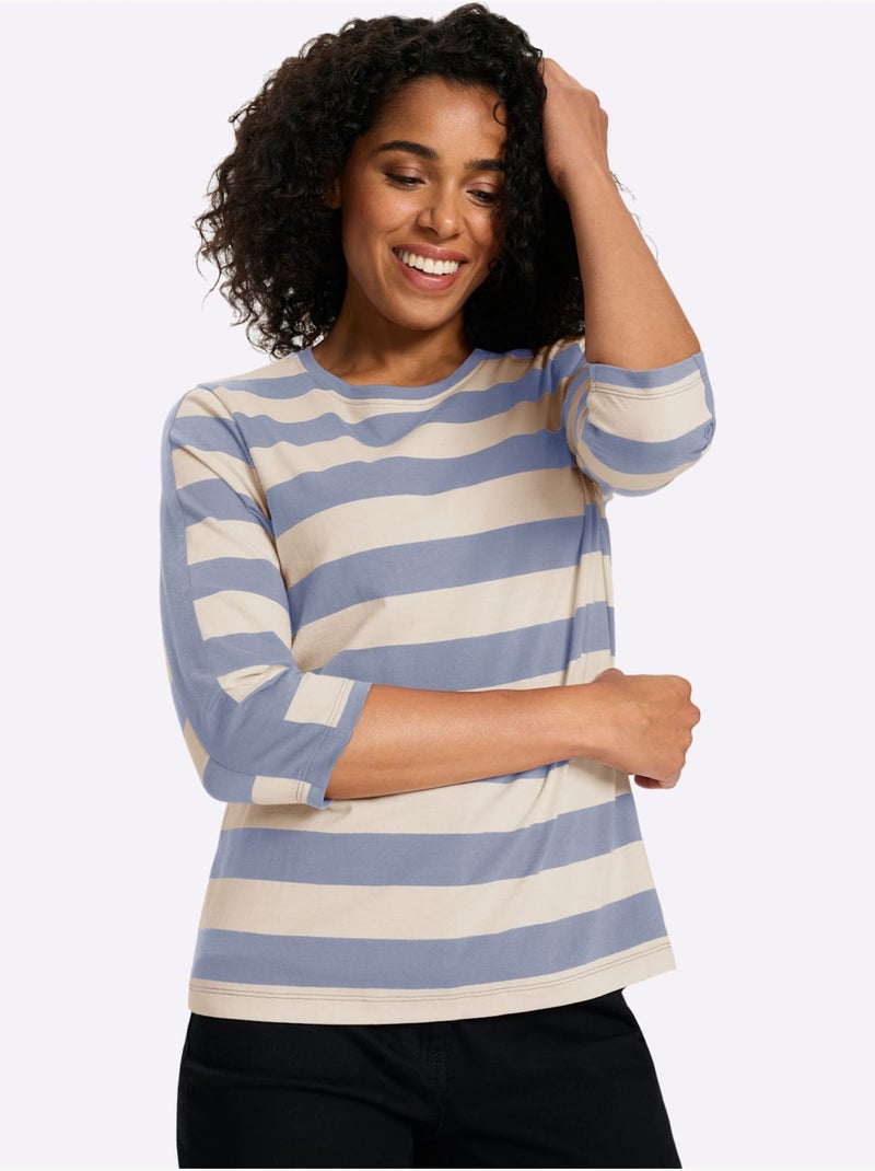 T-shirt à Manches 3/4 Pur Coton - Taille Standard - Moda Vilona Bleu - Kiabi