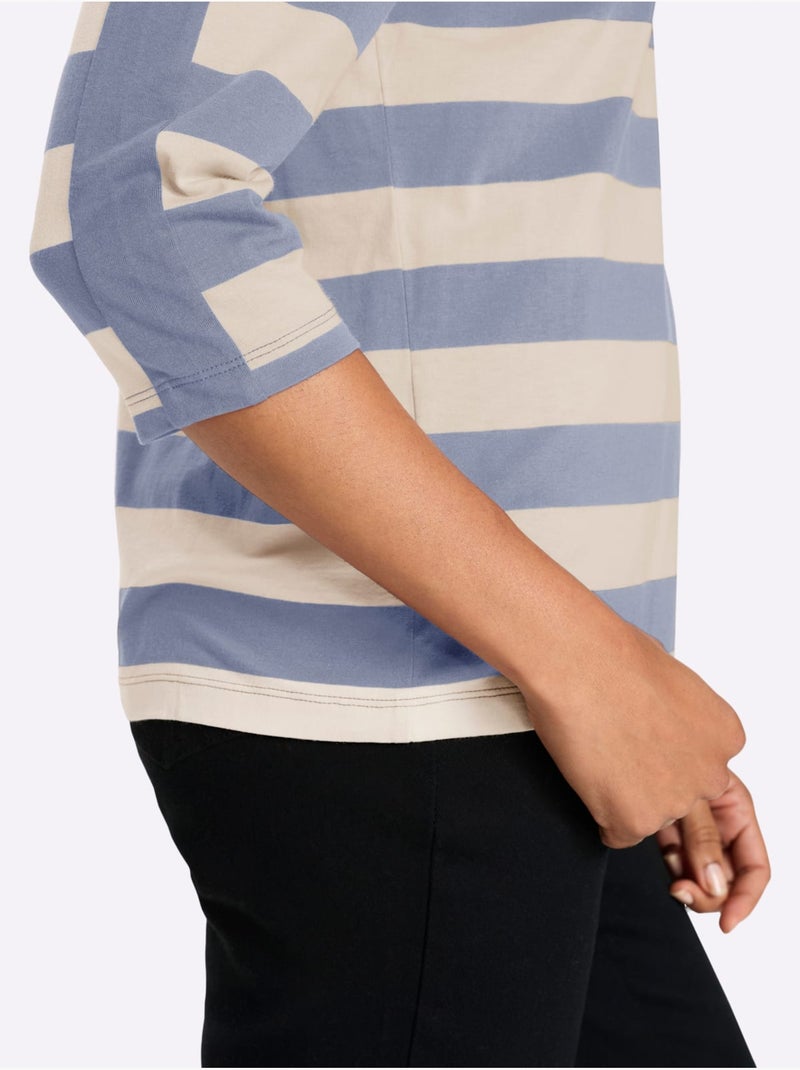 T-shirt à Manches 3/4 Pur Coton - Taille Standard - Moda Vilona Bleu - Kiabi