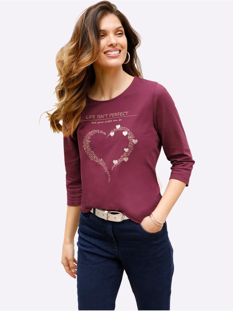 T-shirt à Manches 3/4 Pur Coton - Taille Standard - Moda Vilona Bordeaux - Kiabi