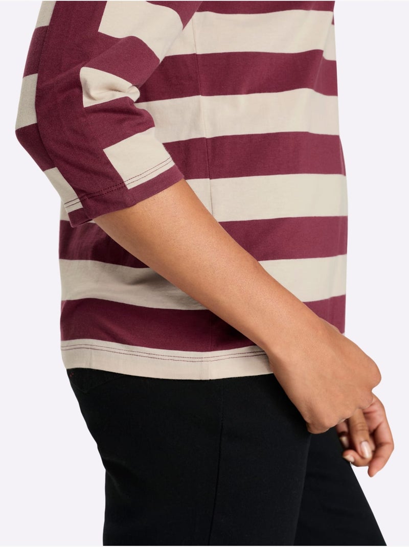 T-shirt à Manches 3/4 Pur Coton - Taille Standard - Moda Vilona Bordeaux - Kiabi