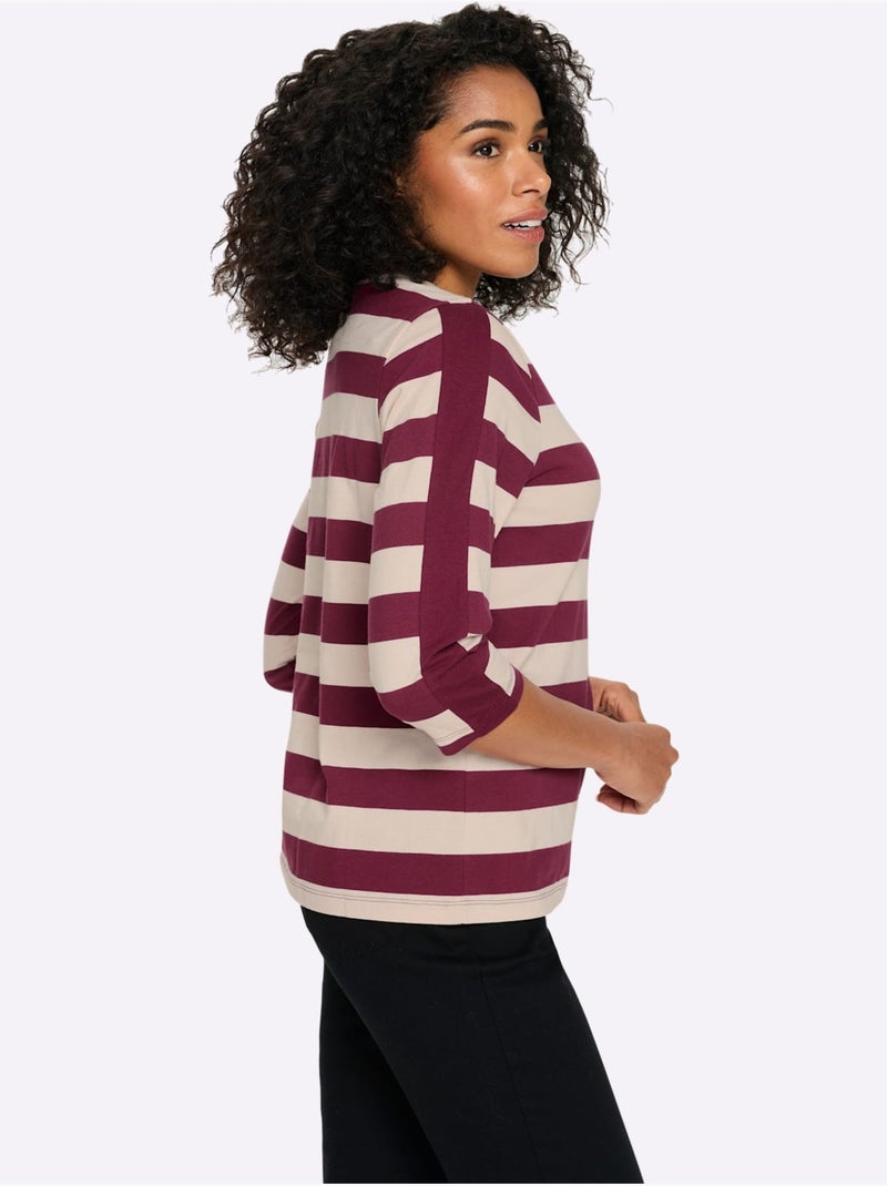 T-shirt à Manches 3/4 Pur Coton - Taille Standard - Moda Vilona Bordeaux - Kiabi