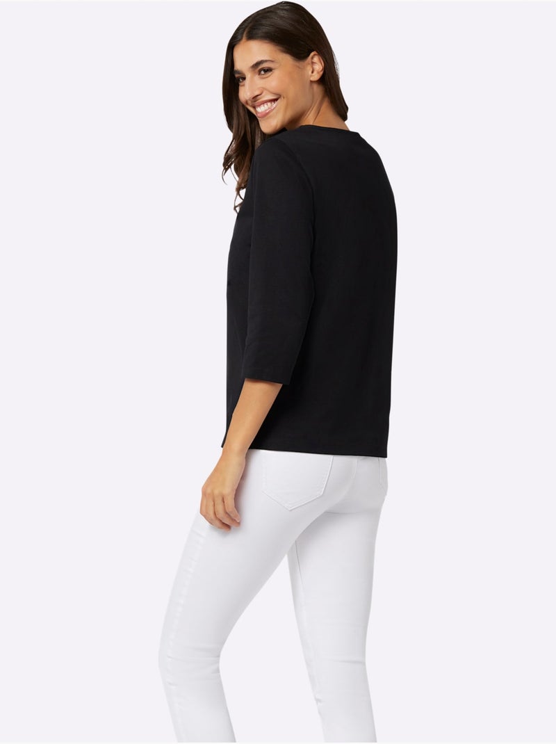 T-shirt à Manches 3/4 Pur Coton - Taille Standard - Moda Vilona Noir Beige - Kiabi