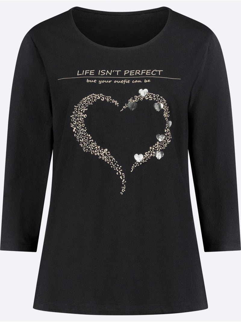 T-shirt à Manches 3/4 Pur Coton - Taille Standard - Moda Vilona Noir Beige - Kiabi