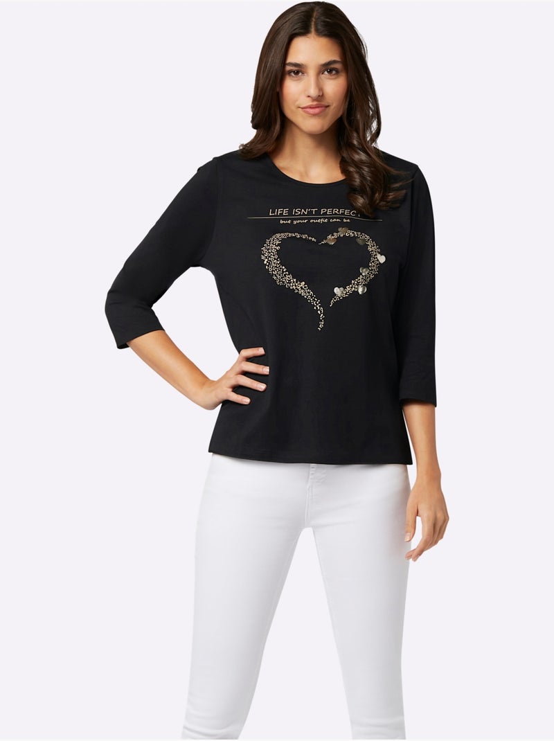 T-shirt à Manches 3/4 Pur Coton - Taille Standard - Moda Vilona Noir Beige - Kiabi