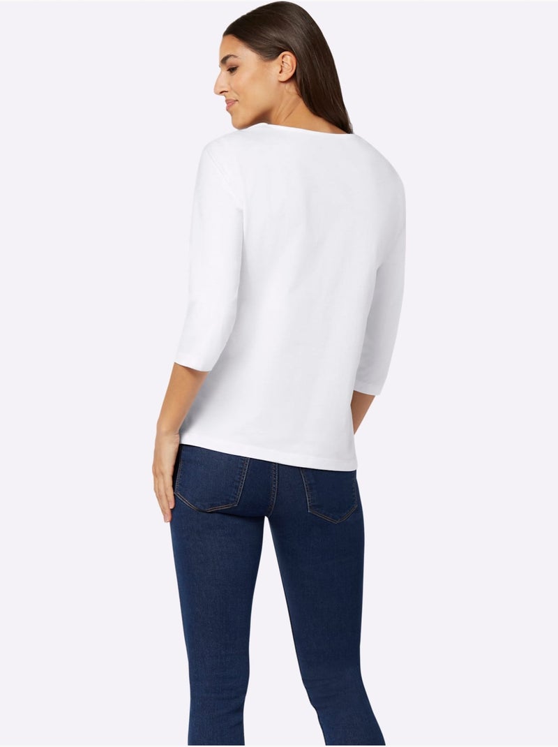 T-shirt à Manches 3/4 Pur Coton - Taille Standard - Moda Vilona Noir Ecru - Kiabi