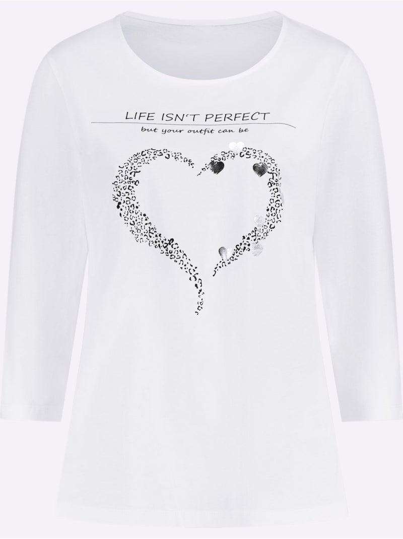 T-shirt à Manches 3/4 Pur Coton - Taille Standard - Moda Vilona Noir Ecru - Kiabi