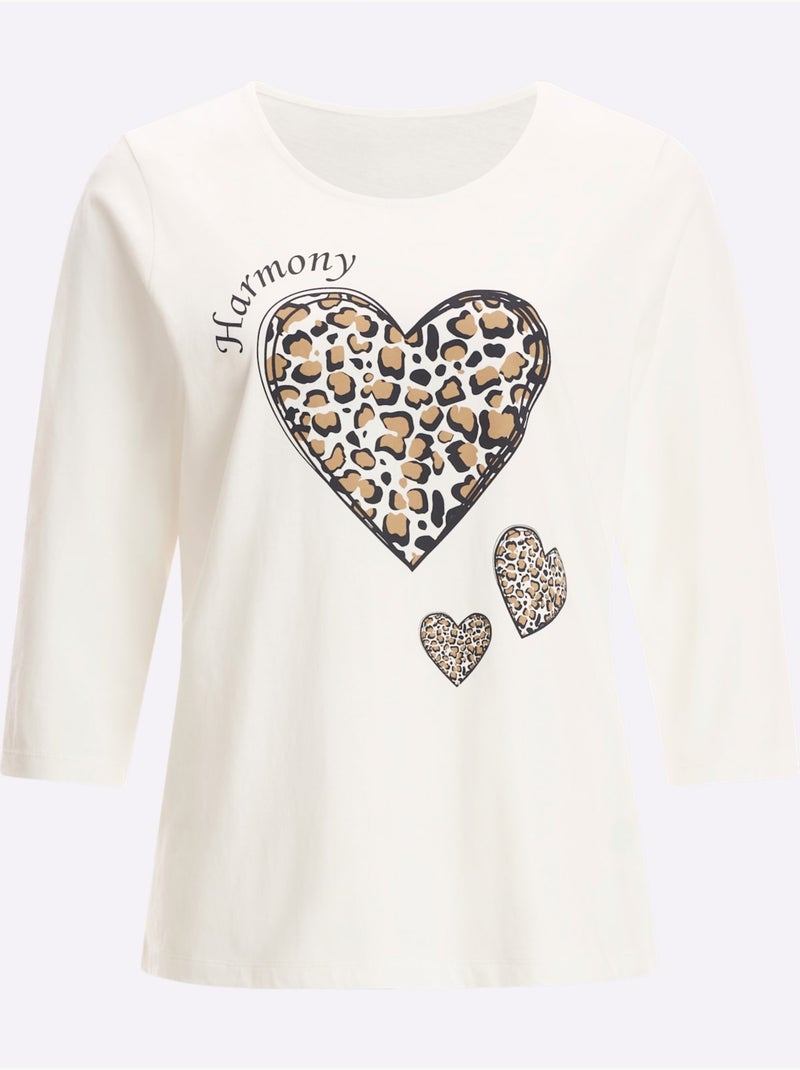 T-shirt à Manches 3/4 Pur Coton - Taille Standard - Moda Vilona Noir Ecru - Kiabi