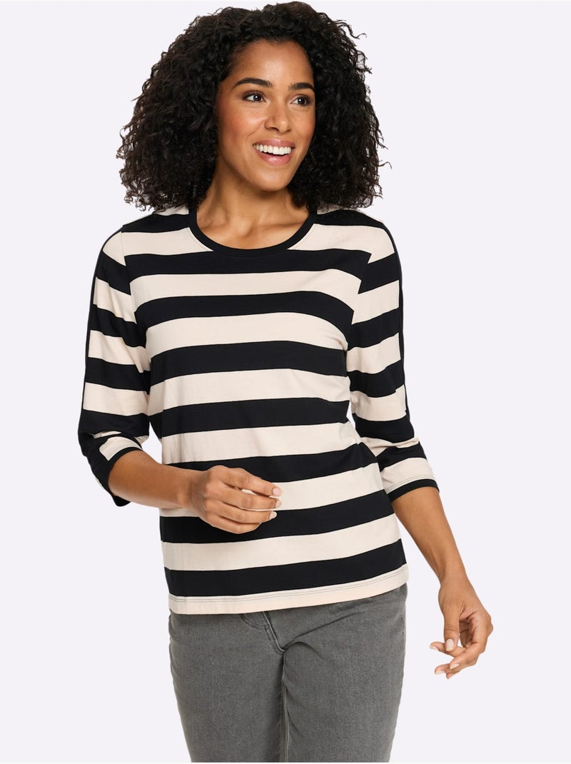 T-shirt à Manches 3/4 Pur Coton - Taille Standard - Moda Vilona Noir Marron - Kiabi