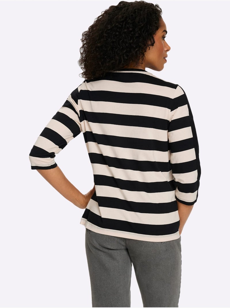 T-shirt à Manches 3/4 Pur Coton - Taille Standard - Moda Vilona Noir Marron - Kiabi