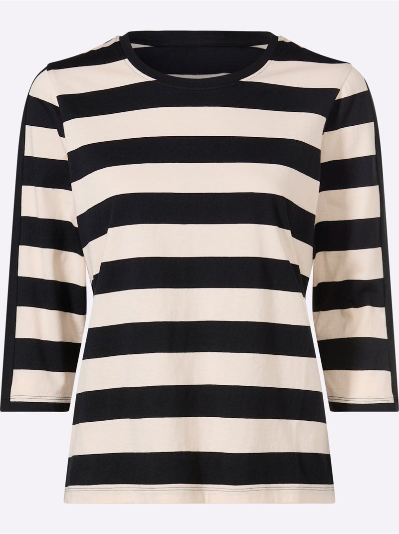 T-shirt à Manches 3/4 Pur Coton - Taille Standard - Moda Vilona Noir Marron - Kiabi