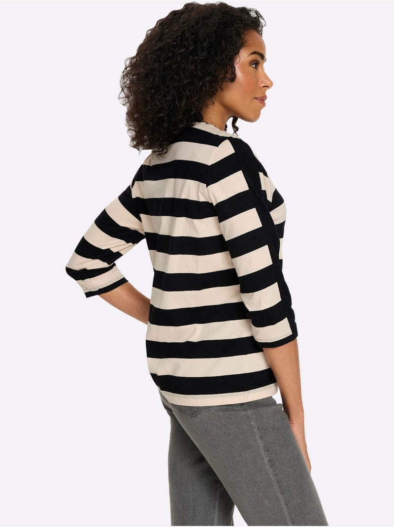 T-shirt à Manches 3/4 Pur Coton - Taille Standard - Moda Vilona Noir Marron - Kiabi