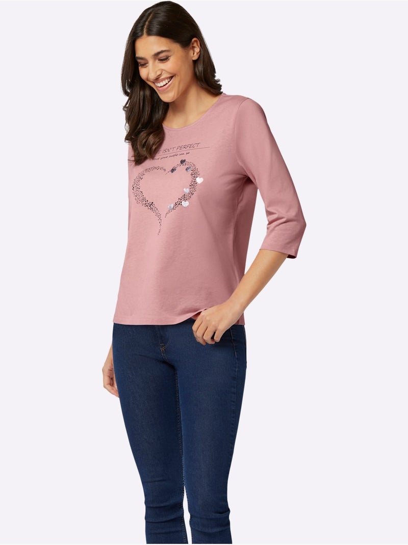 T-shirt à Manches 3/4 Pur Coton - Taille Standard - Moda Vilona Noir Rose - Kiabi