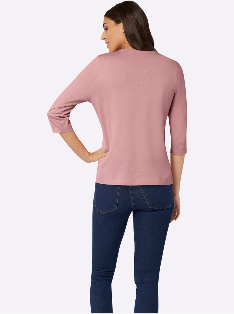 T-shirt à Manches 3/4 Pur Coton - Taille Standard - Moda Vilona Noir Rose - Kiabi