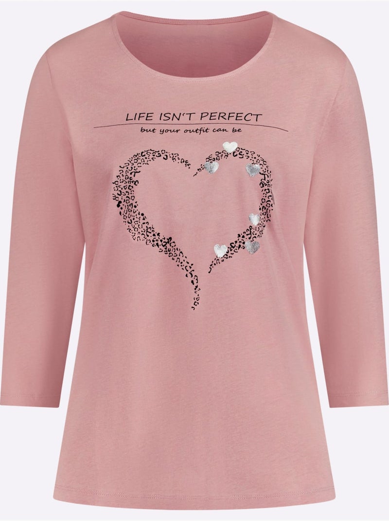 T-shirt à Manches 3/4 Pur Coton - Taille Standard - Moda Vilona Noir Rose - Kiabi