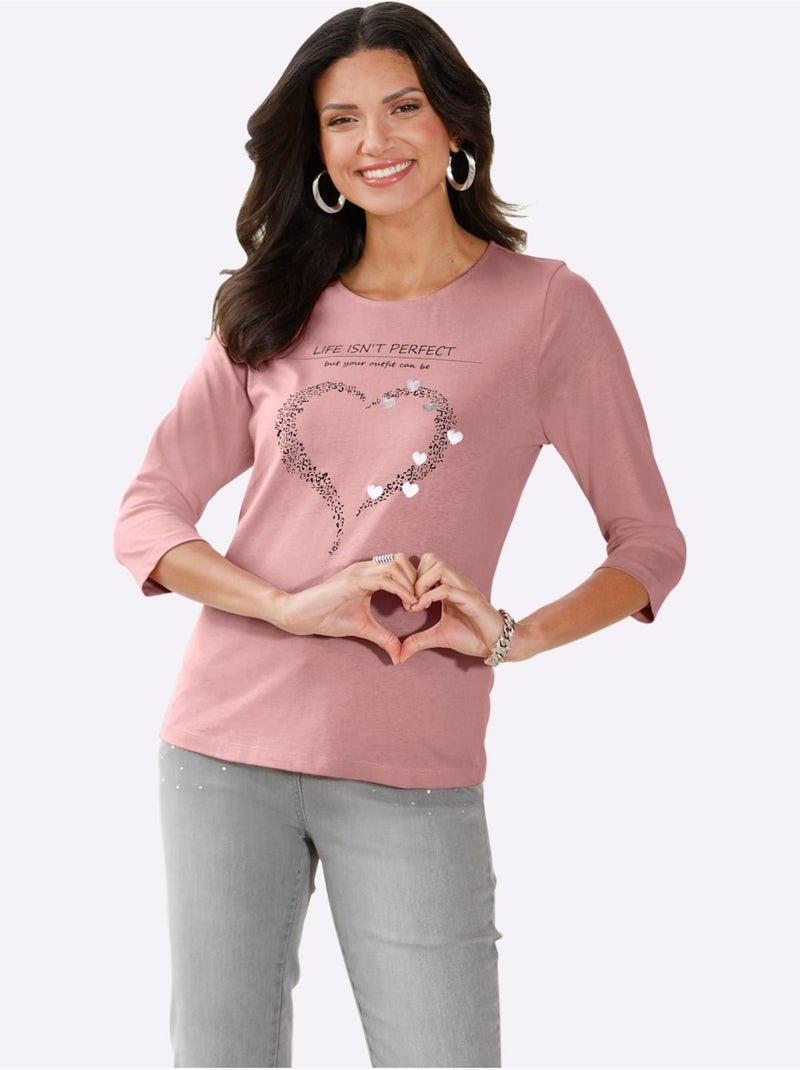 T-shirt à Manches 3/4 Pur Coton - Taille Standard - Moda Vilona Noir Rose - Kiabi
