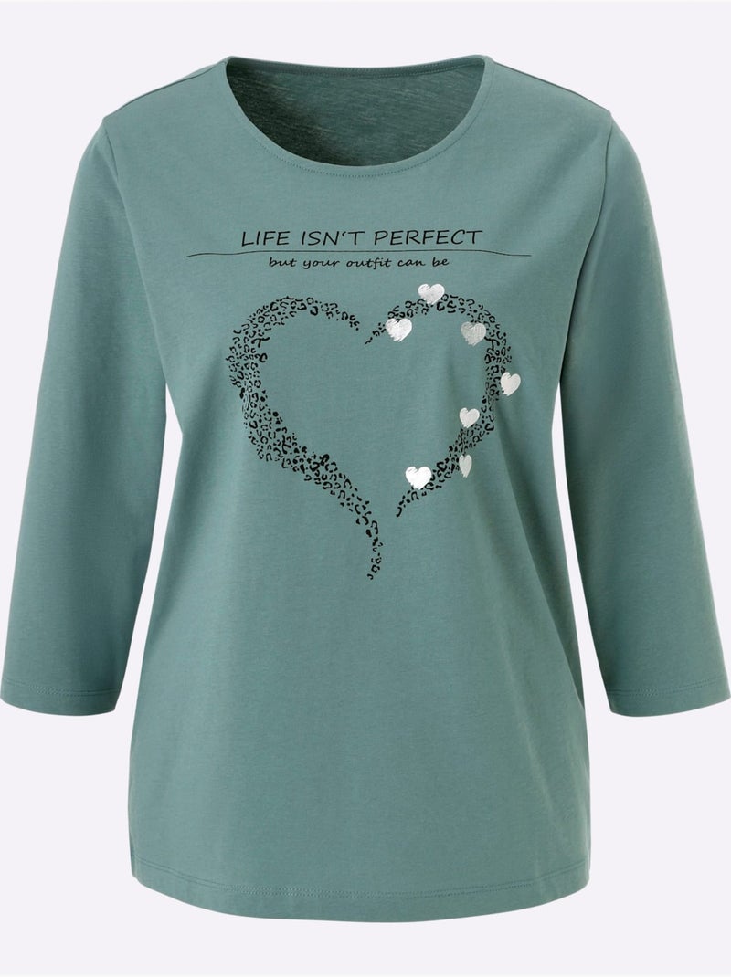 T-shirt à Manches 3/4 Pur Coton - Taille Standard - Moda Vilona Noir Vert - Kiabi