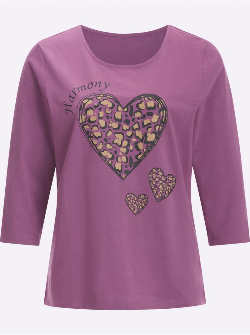 T-shirt à Manches 3/4 Pur Coton - Taille Standard - Moda Vilona Noir Violet - Kiabi