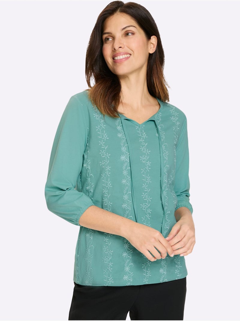 T-shirt à Manches 3/4 Pur Coton - Taille Standard - Moda Vilona Vert Sauge - Kiabi