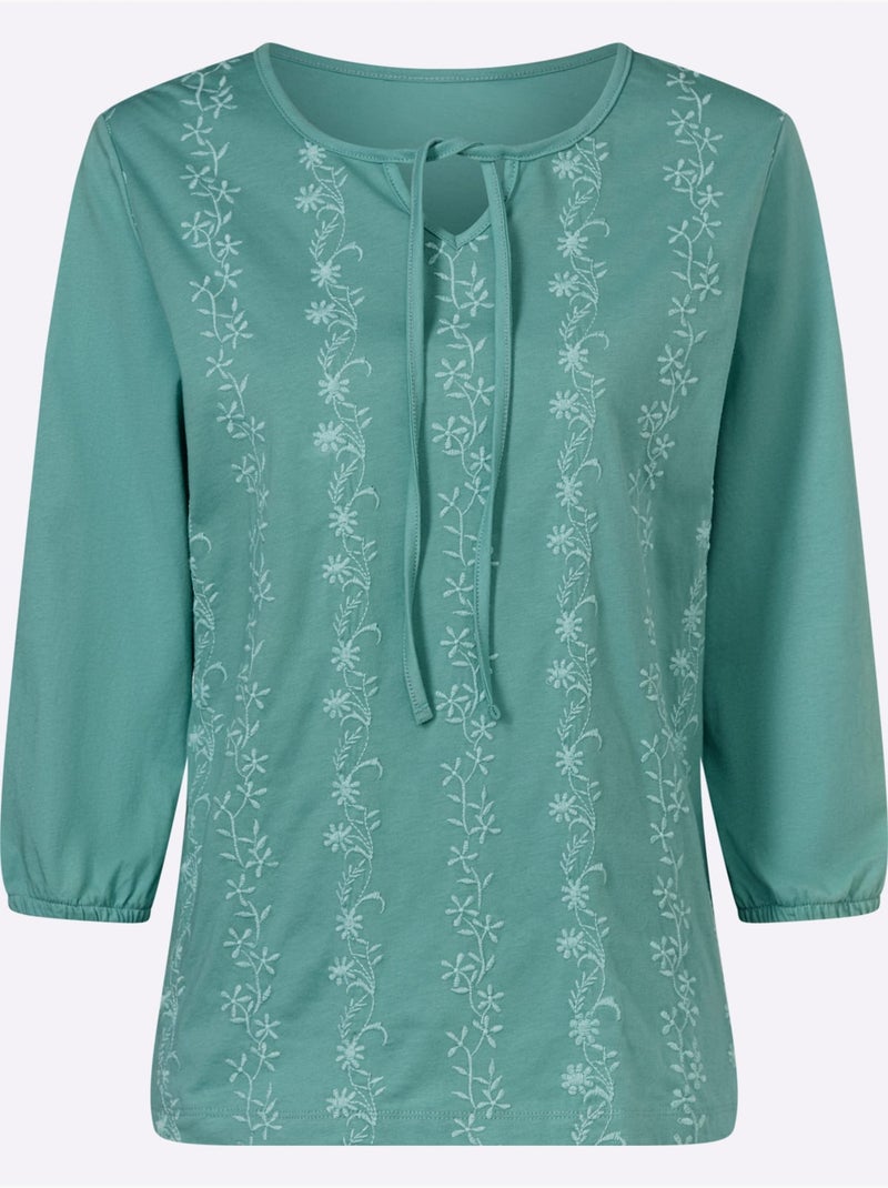 T-shirt à Manches 3/4 Pur Coton - Taille Standard - Moda Vilona Vert Sauge - Kiabi