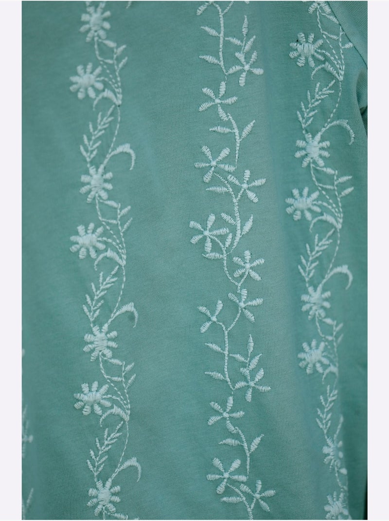 T-shirt à Manches 3/4 Pur Coton - Taille Standard - Moda Vilona Vert Sauge - Kiabi