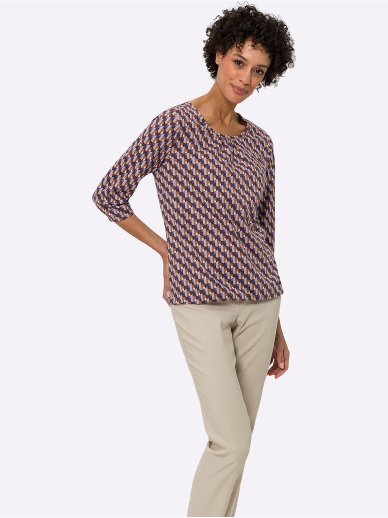 T-shirt à Manches 3/4 Pur Coton - Taille Standard - Moda Vilona Violet aubergine - Kiabi