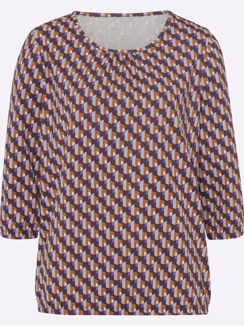 T-shirt à Manches 3/4 Pur Coton - Taille Standard - Moda Vilona Violet aubergine - Kiabi